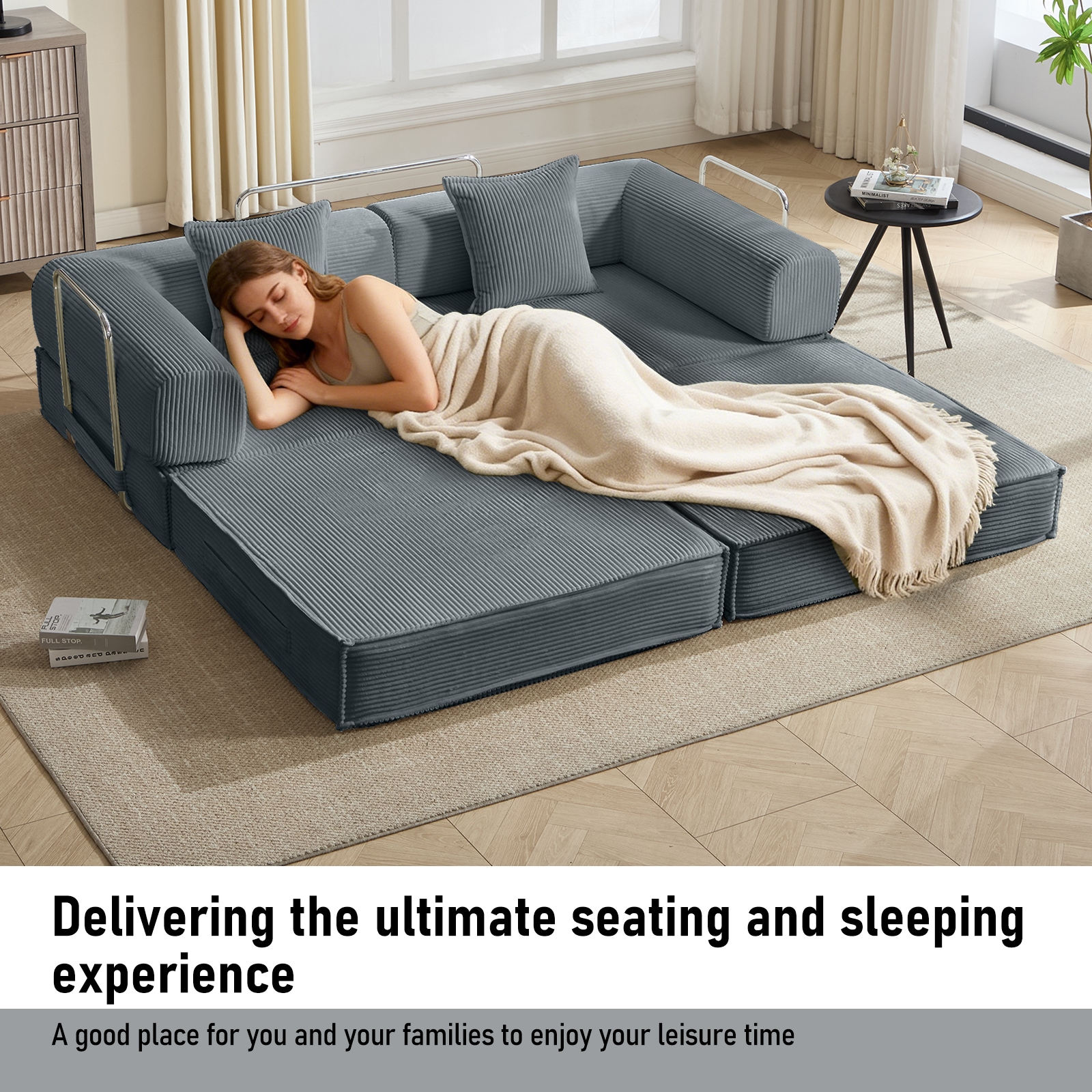Convertible Sleeper Sofa Bed Grey Modular Corduroy Couch 2 Pillows_voghion.com